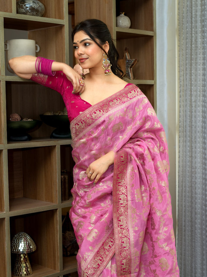 Incomparable Baby Pink Soft Silk Saree With Whimsical Blouse Piece