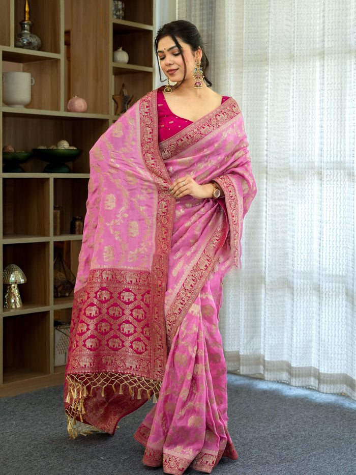 Incomparable Baby Pink Soft Silk Saree With Whimsical Blouse Piece