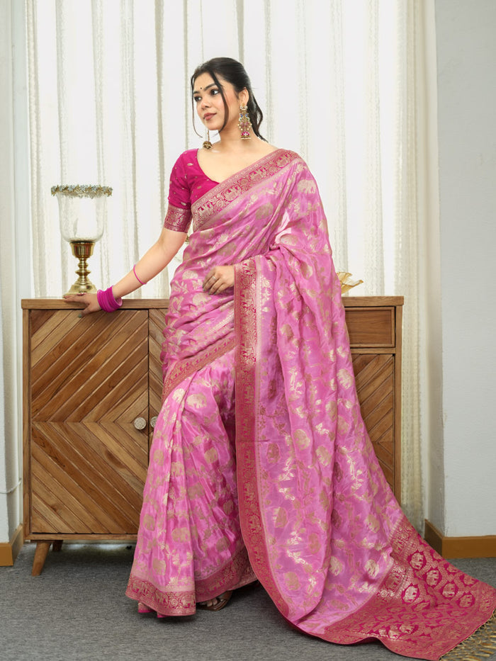 Incomparable Baby Pink Soft Silk Saree With Whimsical Blouse Piece