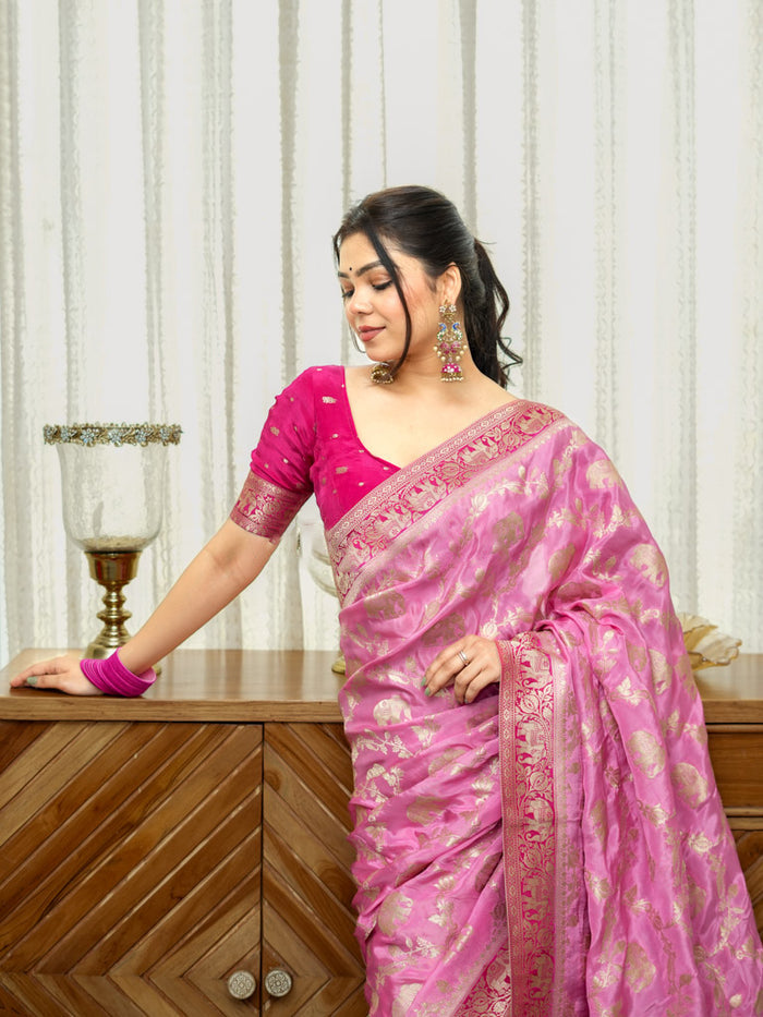 Incomparable Baby Pink Soft Silk Saree With Whimsical Blouse Piece