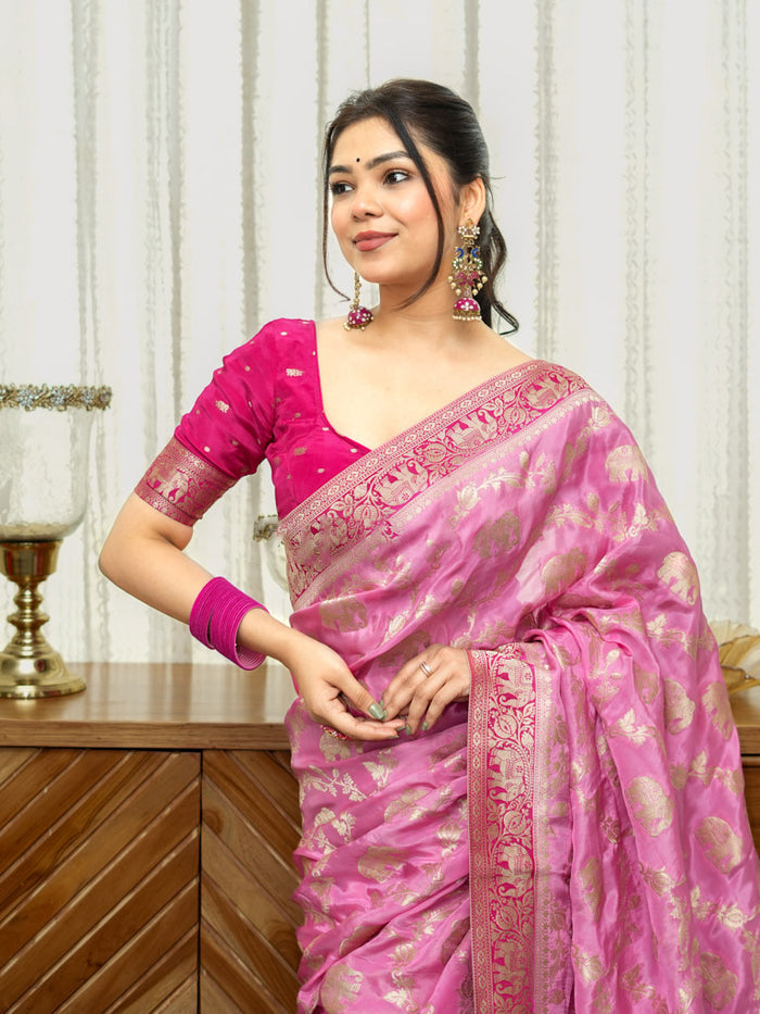 Incomparable Baby Pink Soft Silk Saree With Whimsical Blouse Piece