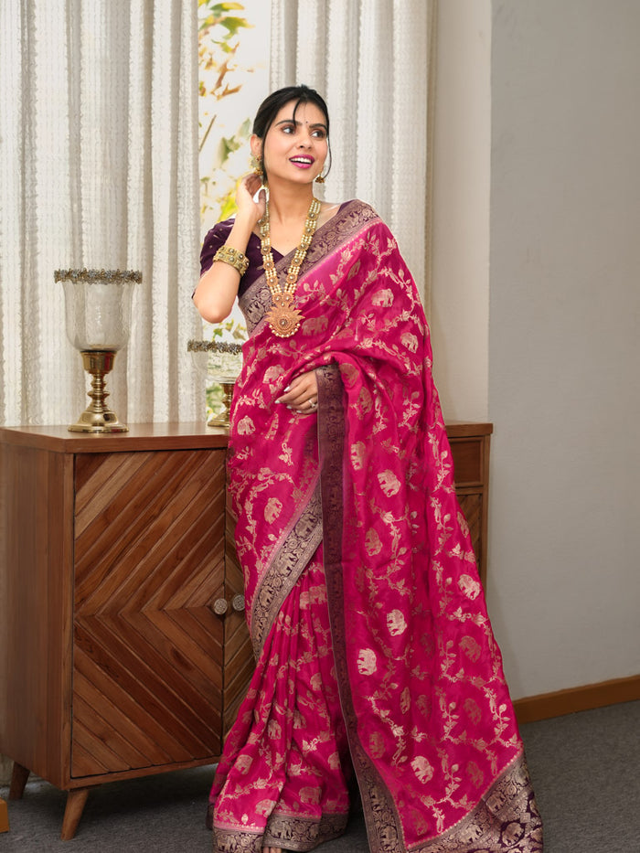 Mesmerising Dark Pink Soft Silk Saree With Embrocation Blouse Piece