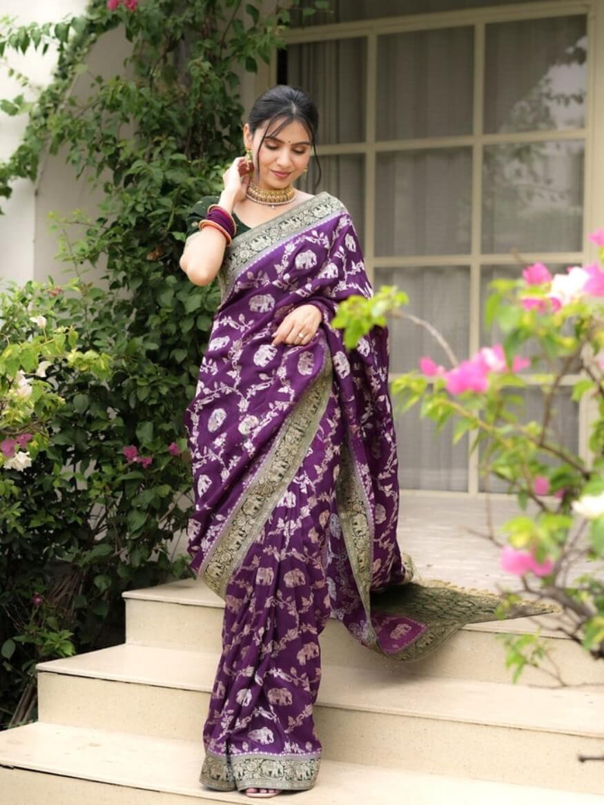 Charming Purple Soft Silk Saree With Rhapsody Blouse Piece