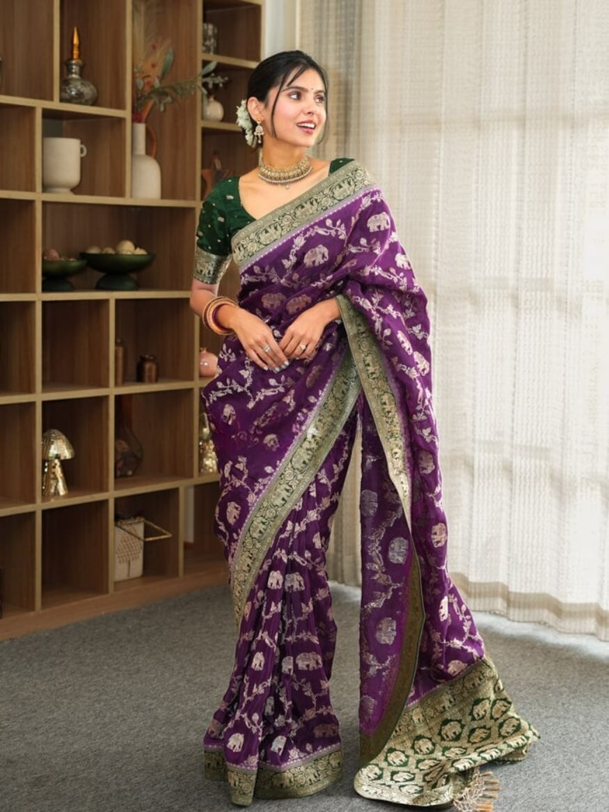 Charming Purple Soft Silk Saree With Rhapsody Blouse Piece