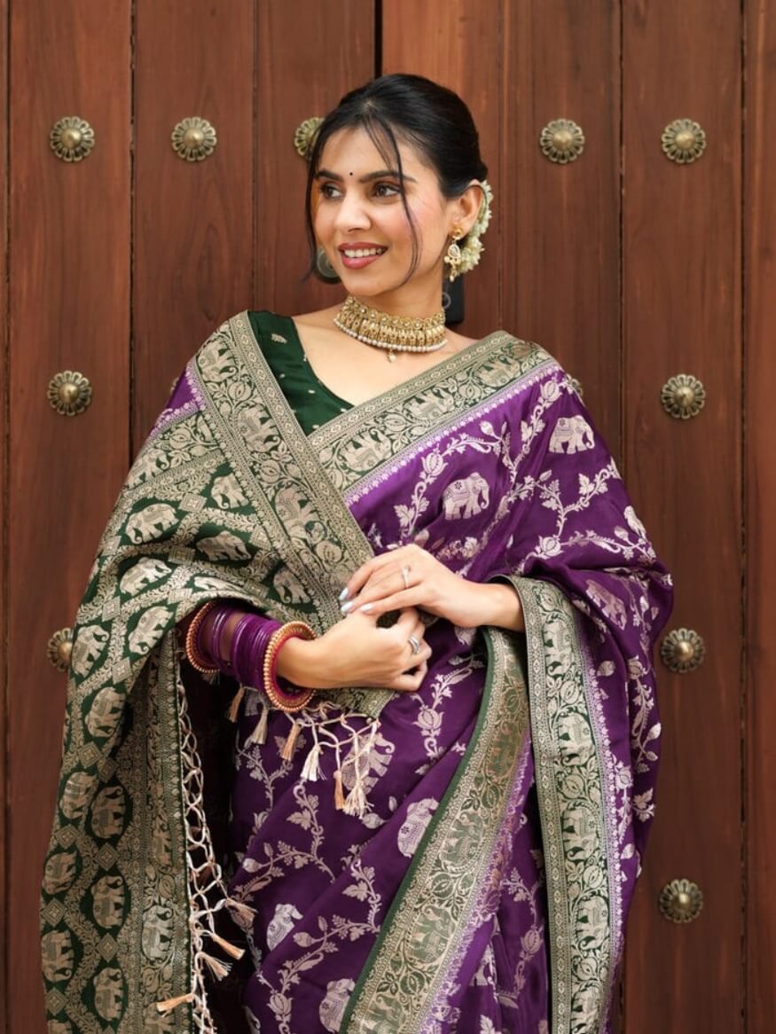 Charming Purple Soft Silk Saree With Rhapsody Blouse Piece
