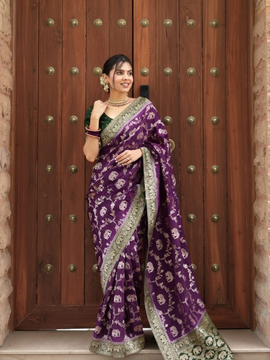 Charming Purple Soft Silk Saree With Rhapsody Blouse Piece