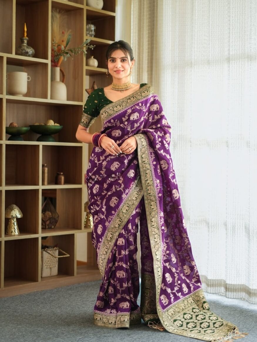 Charming Purple Soft Silk Saree With Rhapsody Blouse Piece