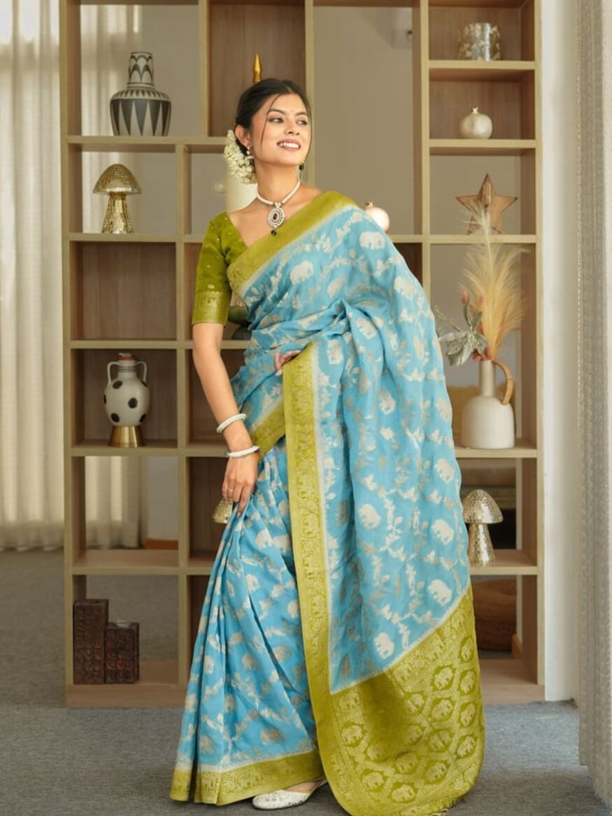 Fairytale Sky Soft Silk Saree With Profuse Blouse Piece