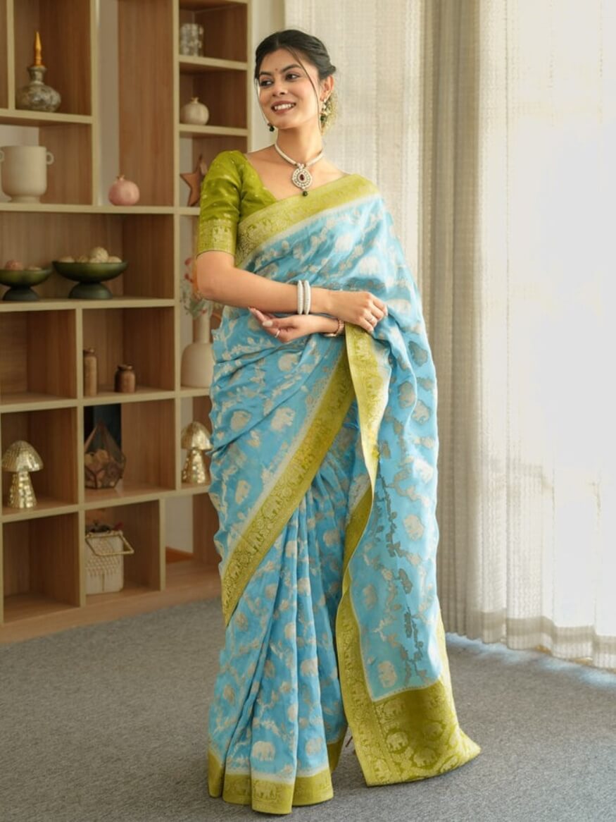 Fairytale Sky Soft Silk Saree With Profuse Blouse Piece