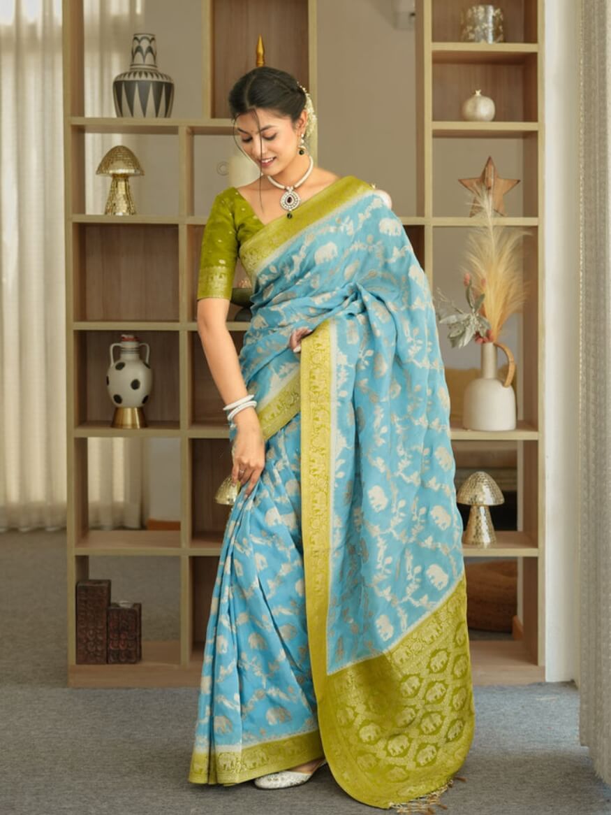 Fairytale Sky Soft Silk Saree With Profuse Blouse Piece