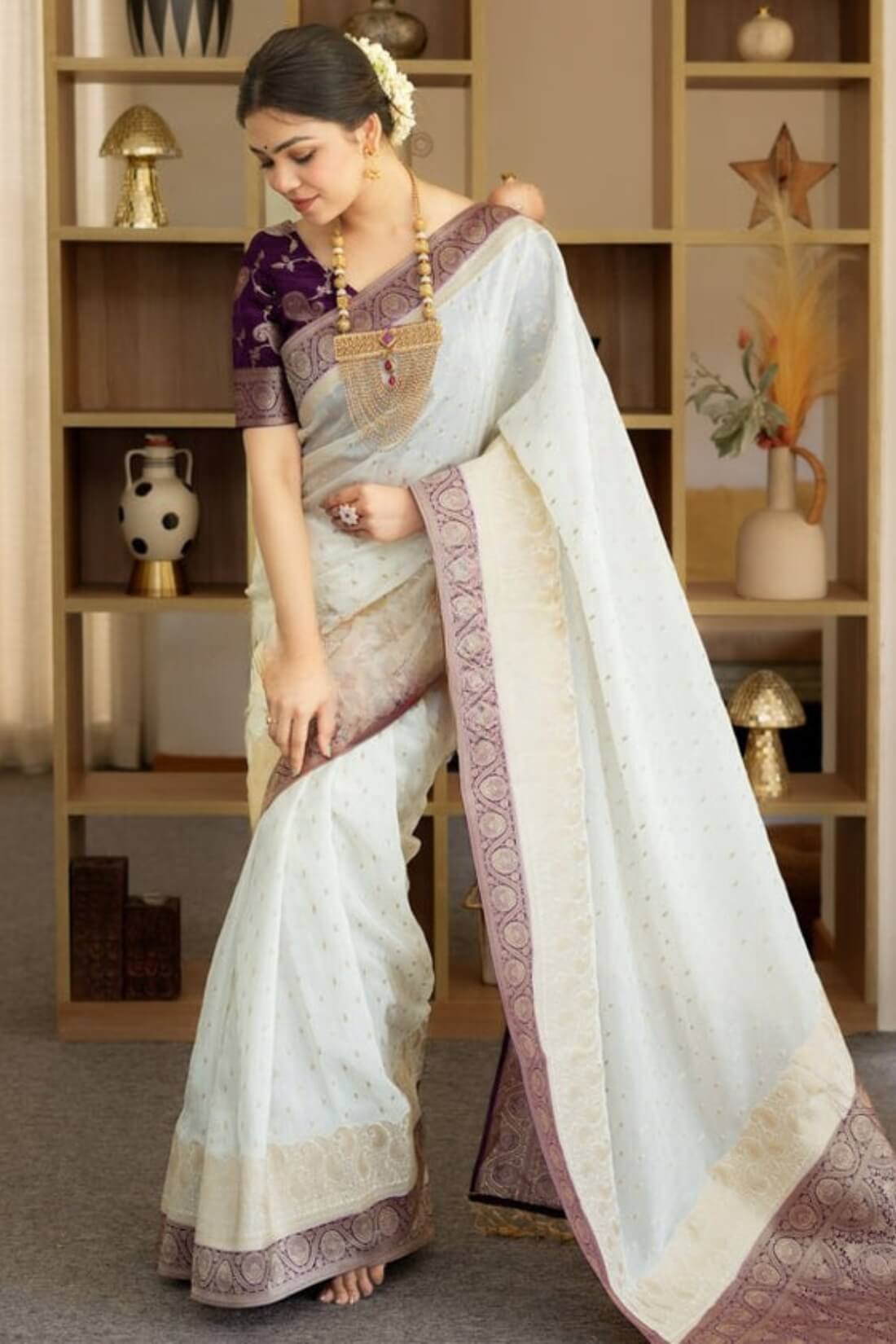 Sensational Beige Soft Silk Saree With Grandiose Blouse Piece