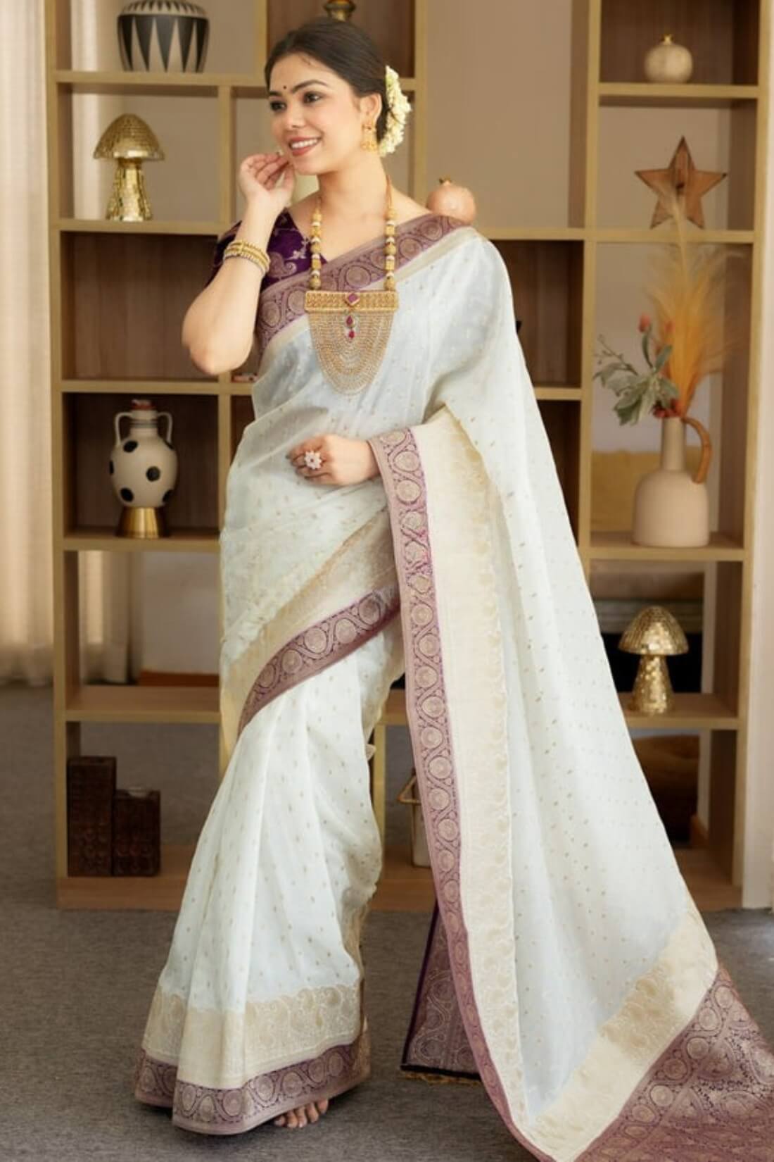 Sensational Beige Soft Silk Saree With Grandiose Blouse Piece