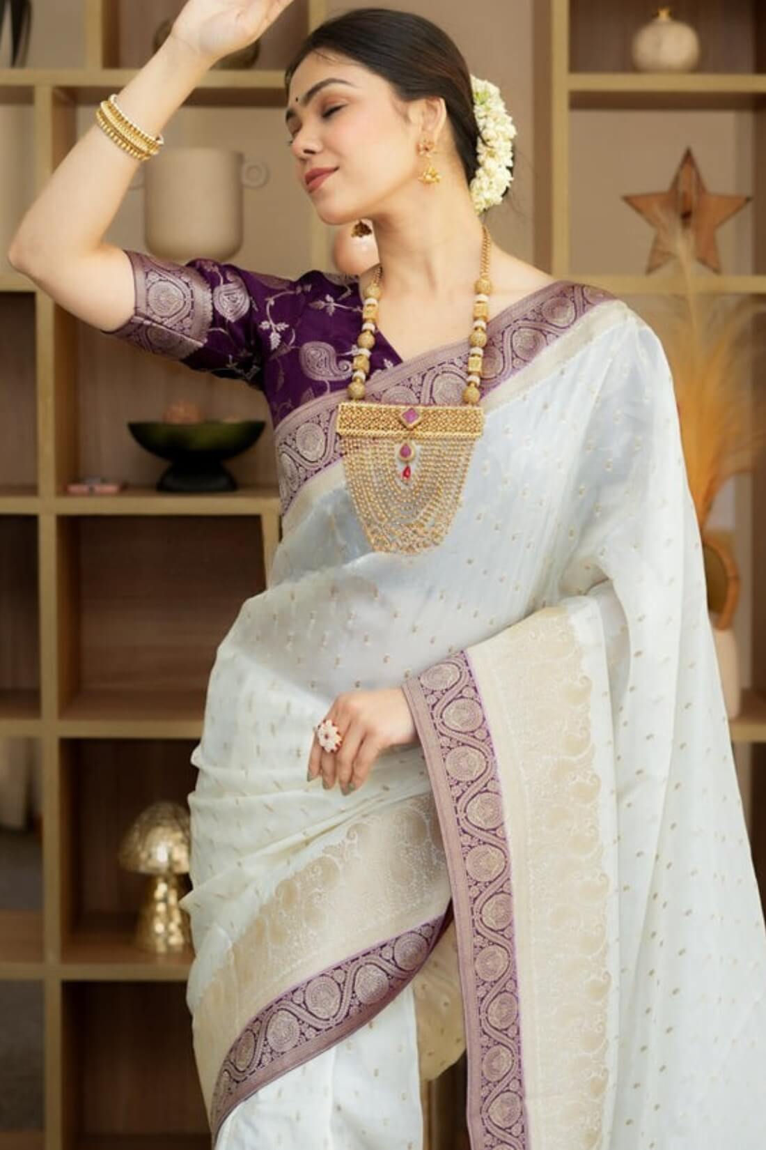 Sensational Beige Soft Silk Saree With Grandiose Blouse Piece