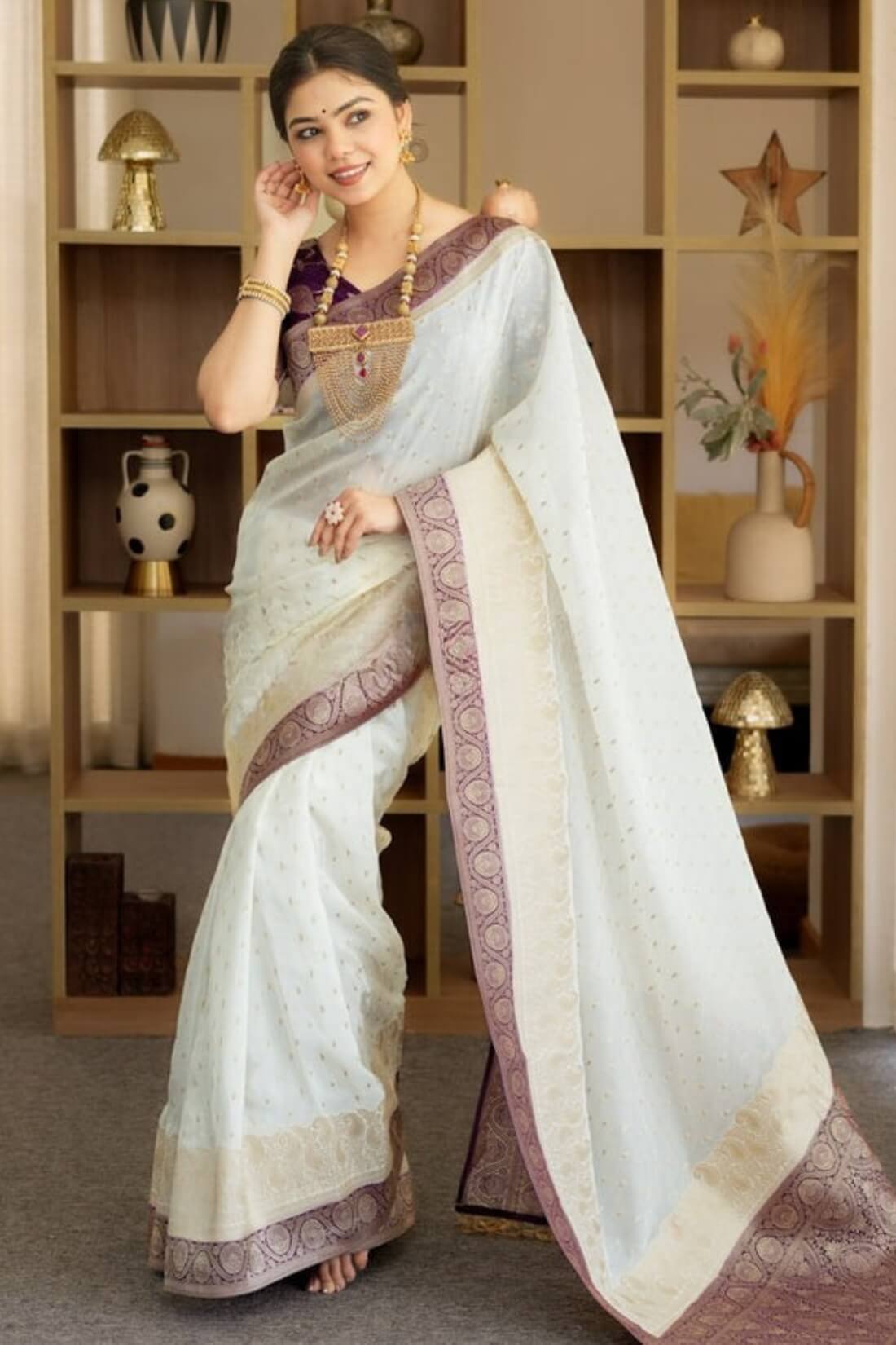 Sensational Beige Soft Silk Saree With Grandiose Blouse Piece