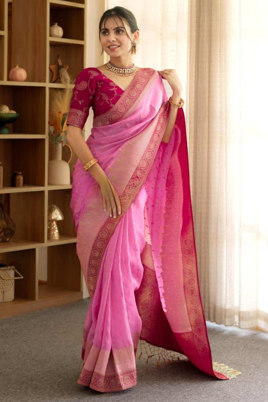 Propinquity Pink Soft Silk Saree With Whimsical Blouse Piece