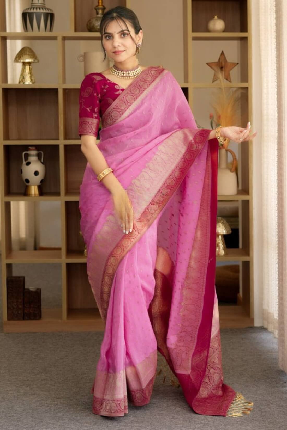 Propinquity Pink Soft Silk Saree With Whimsical Blouse Piece