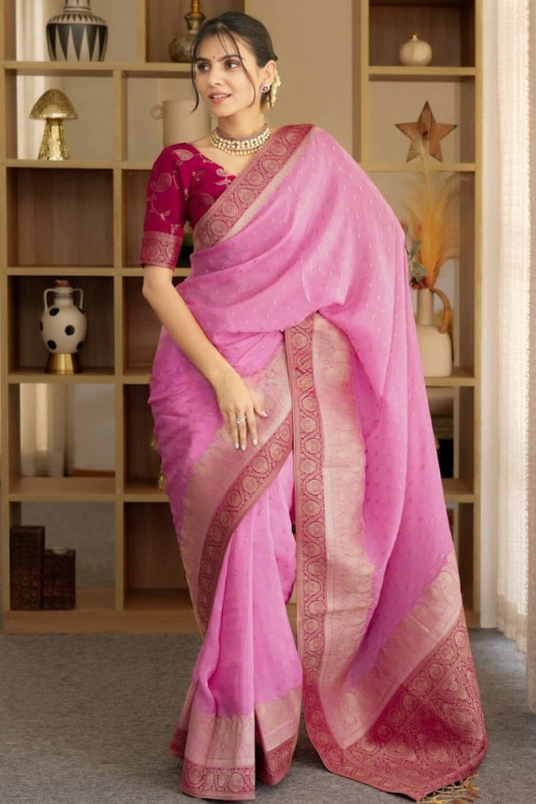 Propinquity Pink Soft Silk Saree With Whimsical Blouse Piece