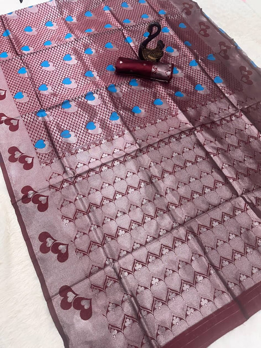 Aplomb Brown Soft Banarasi Silk Saree With Brood Blouse Piece