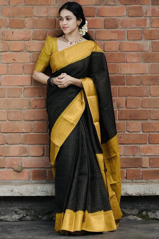Resplendent Black Soft Silk Saree With Prominent Blouse Piece