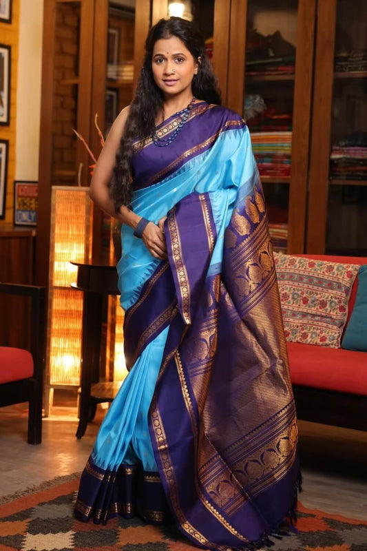 Arresting Firozi Soft Silk Saree With Profuse Blouse Piece