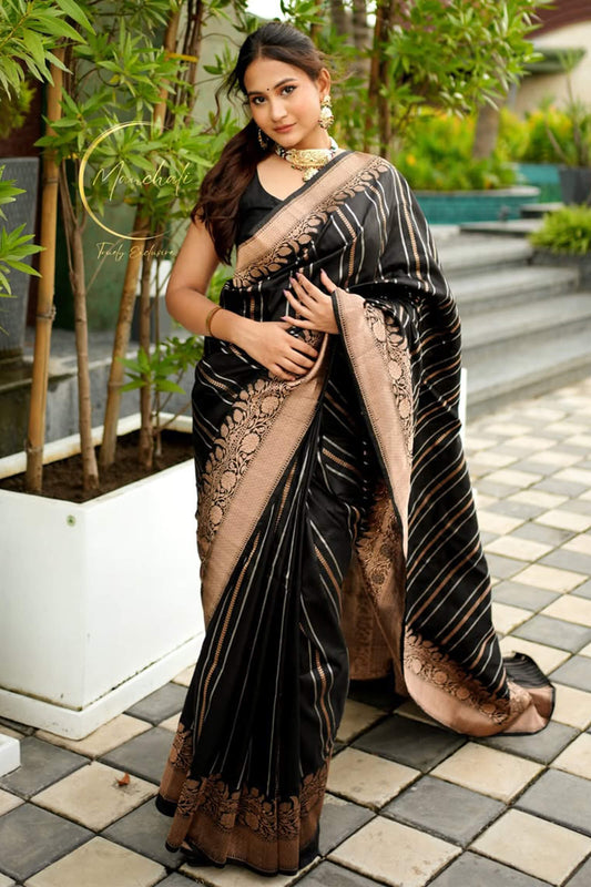 Jubilant Black Soft Silk Saree With Imaginative Blouse Piece