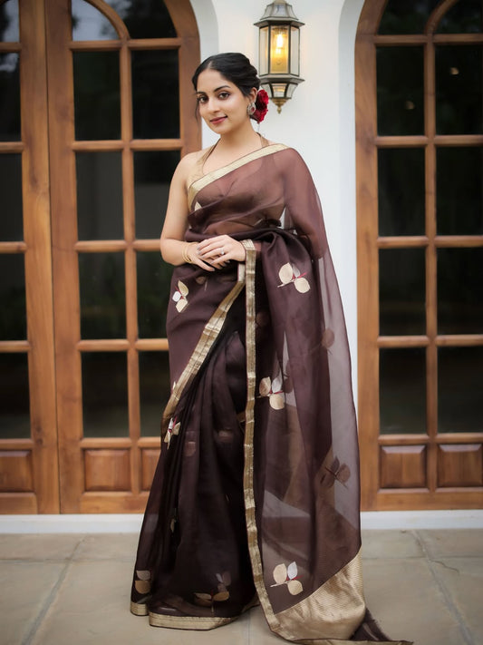 Redolent Brown Cotton Silk Saree With Divine Blouse Piece