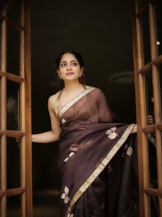 Redolent Brown Cotton Silk Saree With Divine Blouse Piece