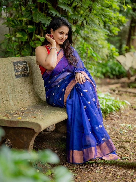 Admirable Royal Blue Cotton Silk Saree With Fancifull Blouse Piece