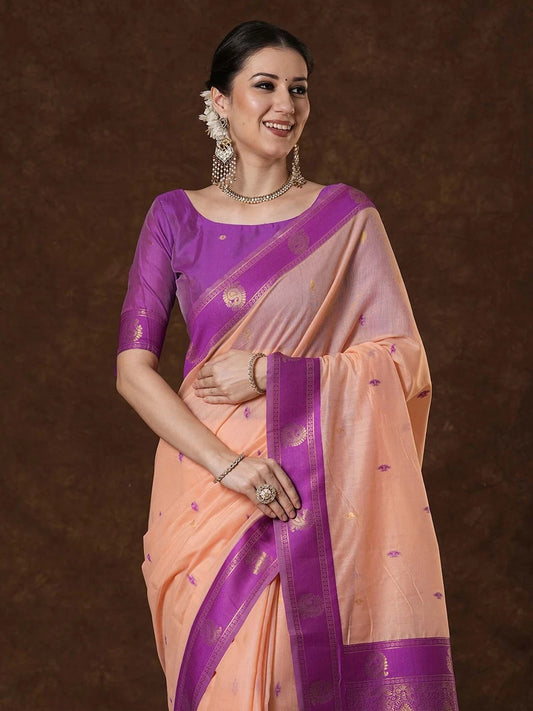 Pretty Peach Cotton Silk Saree With Alluring Blouse Piece