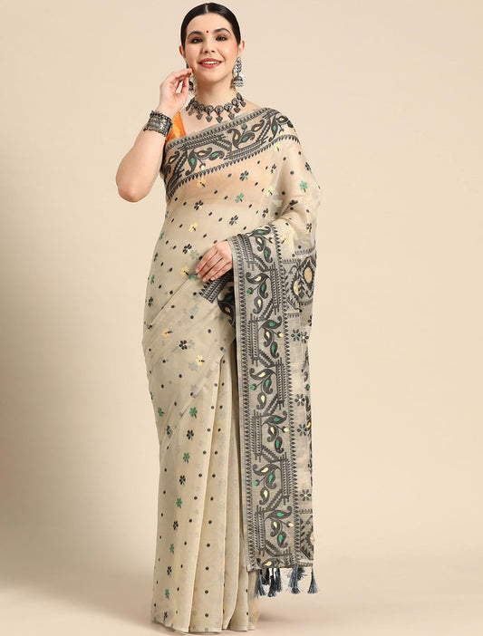 Hypnotic Beige Cotton Silk Saree With Designer Blouse Piece