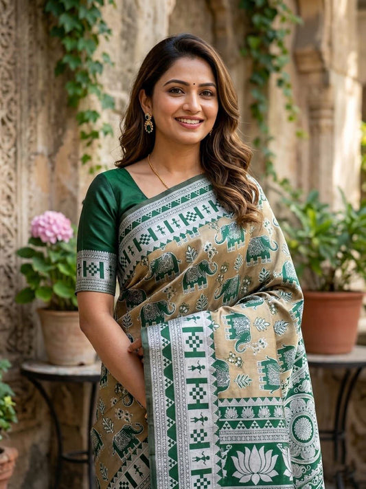 Scintillating Green Pure Zari Weaving Banarasi Silk Saree With Girlish Blouse Piece