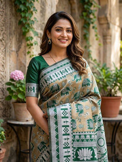 Scintillating Green Pure Zari Weaving Banarasi Silk Saree With Girlish Blouse Piece