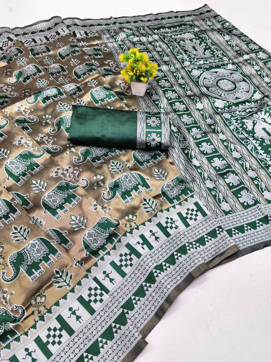 Scintillating Green Pure Zari Weaving Banarasi Silk Saree With Girlish Blouse Piece