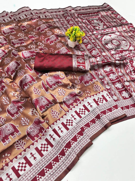 Precious Maroon Pure Zari Weaving Banarasi Silk Saree With Mesmeric Blouse Piece