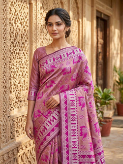 Exceptional Pink Pure Zari Weaving Banarasi Silk Saree With Jubilant Blouse Piece