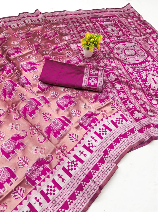 Exceptional Pink Pure Zari Weaving Banarasi Silk Saree With Jubilant Blouse Piece
