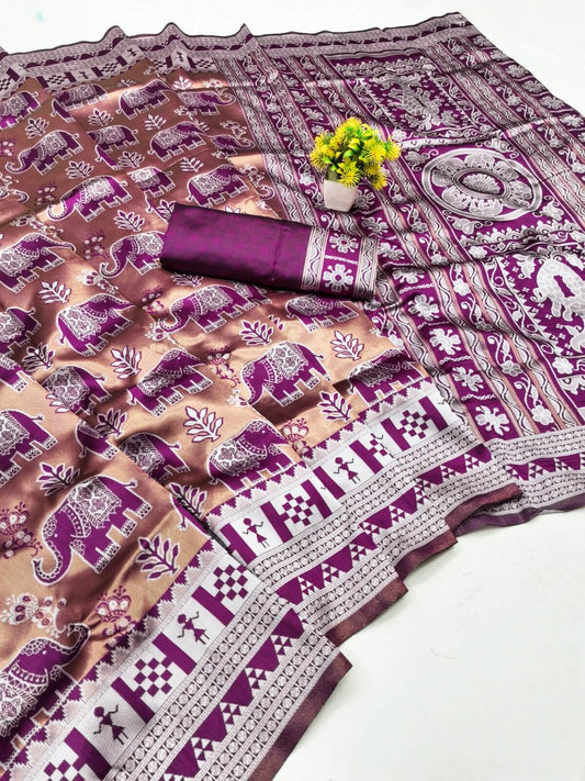 Gleaming Purple Pure Zari Weaving Banarasi Silk Saree With Flattering Blouse Piece