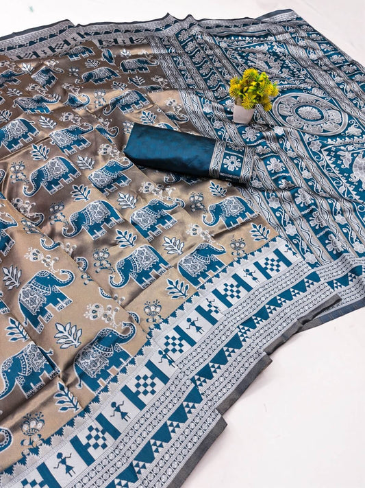 Ratatouille Rama Pure Zari Weaving Banarasi Silk Saree With Mesmerising Blouse Piece
