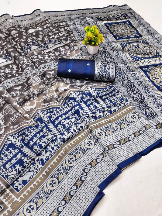 Winsome Blue Pure Zari Weaving Banarasi Silk Saree With Ideal Blouse Piece