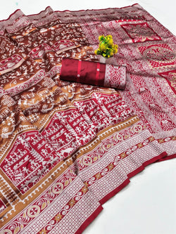 Jazzy Maroon Pure Zari Weaving Banarasi Silk Saree With Desiring Blouse Piece