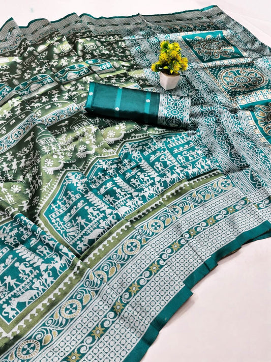 Sempiternal Rama Pure Zari Weaving Banarasi Silk Saree With Chatoyant Blouse Piece