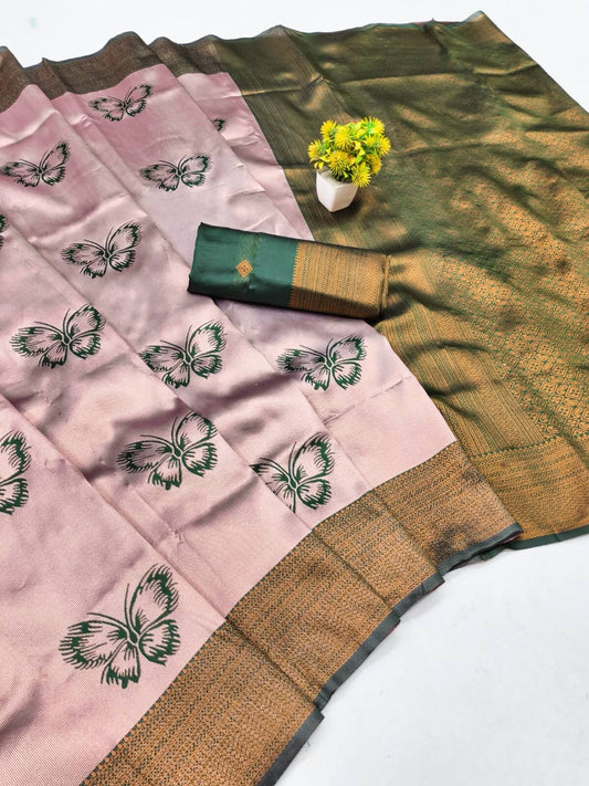 Snappy Baby Pink Pure Zari Weaving Banarasi Silk Saree With Marvellous Blouse Piece