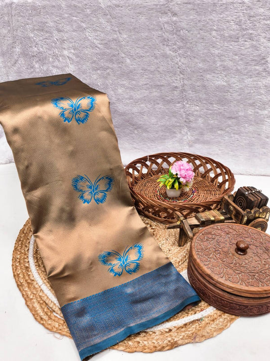 Rhapsody Beige Pure Zari Weaving Banarasi Silk Saree With Aplomb Blouse Piece