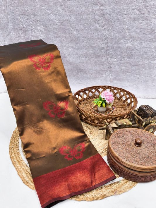 Improbable Brown Pure Zari Weaving Banarasi Silk Saree With Susurrous Blouse Piece