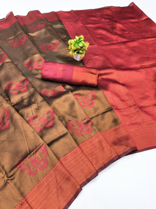 Improbable Brown Pure Zari Weaving Banarasi Silk Saree With Susurrous Blouse Piece