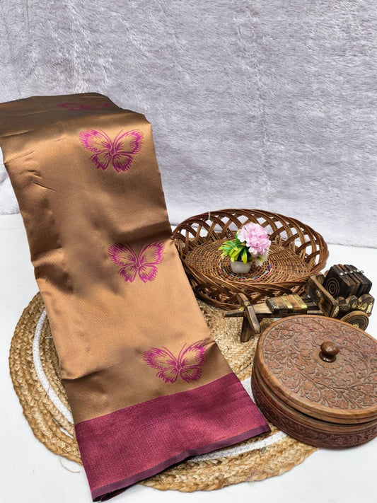 Redolent Dark Beige Pure Zari Weaving Banarasi Silk Saree With Serendipity Blouse Piece