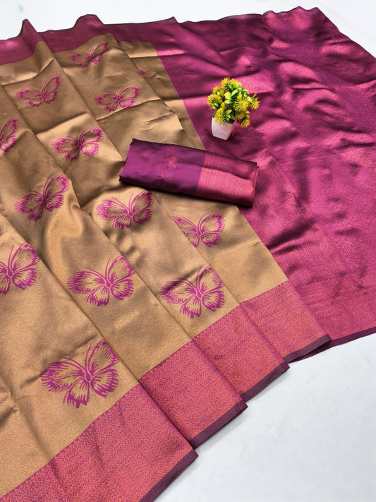 Redolent Dark Beige Pure Zari Weaving Banarasi Silk Saree With Serendipity Blouse Piece