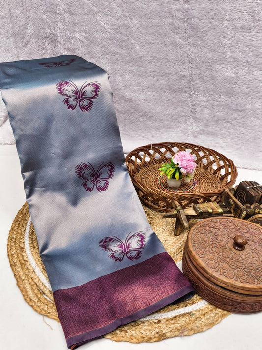 Ethnic Grey Pure Zari Weaving Banarasi Silk Saree With Intricate Blouse Piece