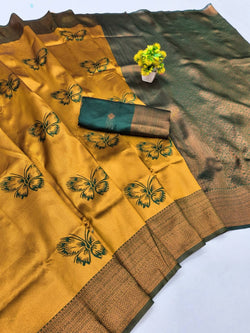 Smart Yellow Pure Zari Weaving Banarasi Silk Saree With Bucolic Blouse Piece