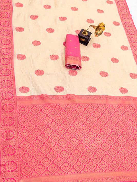 Lagniappe Beige Pure Banarasi Silk Saree With Unique Blouse Piece